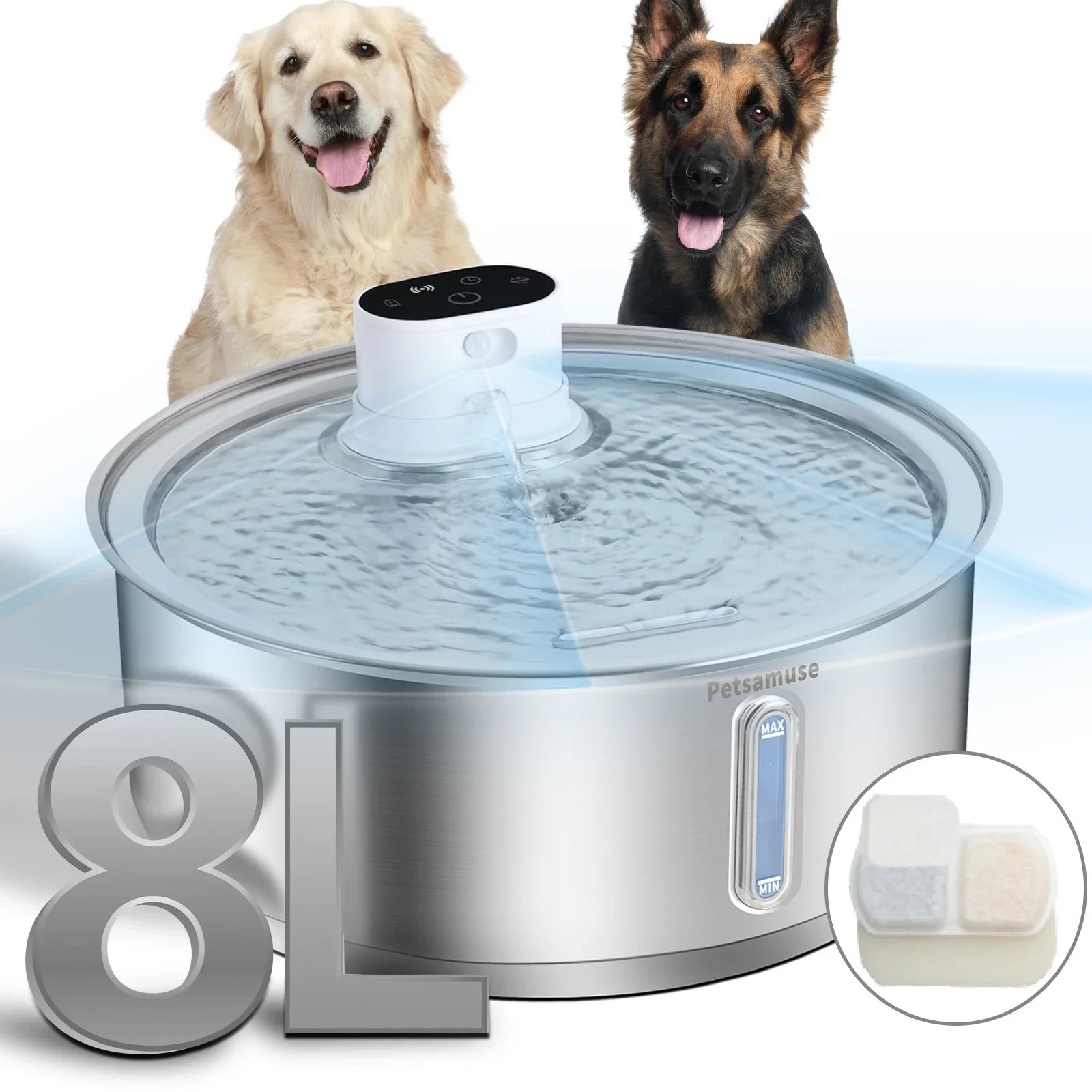 FUENTE DE AGUA AUTOMÁTICA  PETAVISTA DE ACERO INOXIDABLE PARA PERROS Y GATOS, 8L , 5000 MAH, INALÁMBRICA ,CON BATERÍA Y SENSOR , DISPENSADOR 2 EN 1.