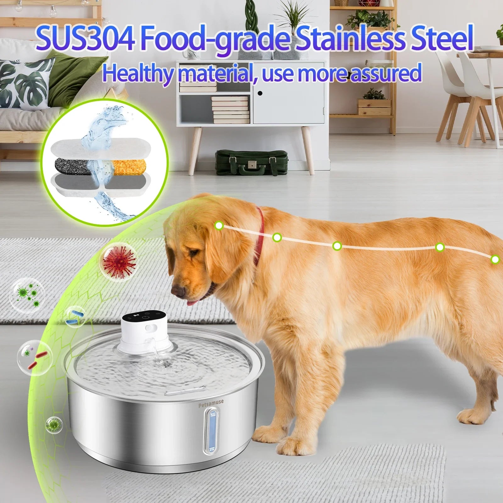 FUENTE DE AGUA AUTOMÁTICA  PETAVISTA DE ACERO INOXIDABLE PARA PERROS Y GATOS, 8L , 5000 MAH, INALÁMBRICA ,CON BATERÍA Y SENSOR , DISPENSADOR 2 EN 1.