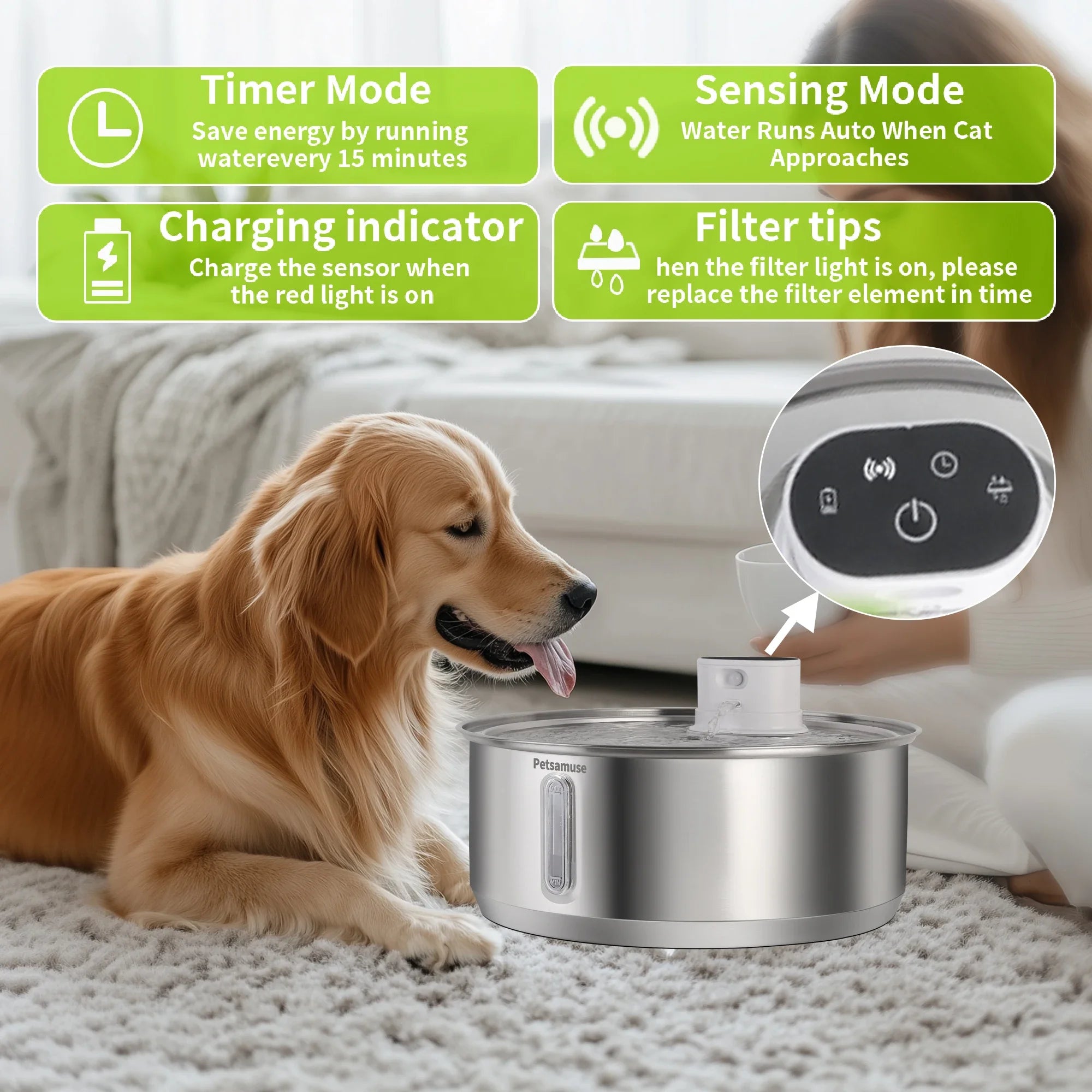 FUENTE DE AGUA AUTOMÁTICA  PETAVISTA DE ACERO INOXIDABLE PARA PERROS Y GATOS, 8L , 5000 MAH, INALÁMBRICA ,CON BATERÍA Y SENSOR , DISPENSADOR 2 EN 1.